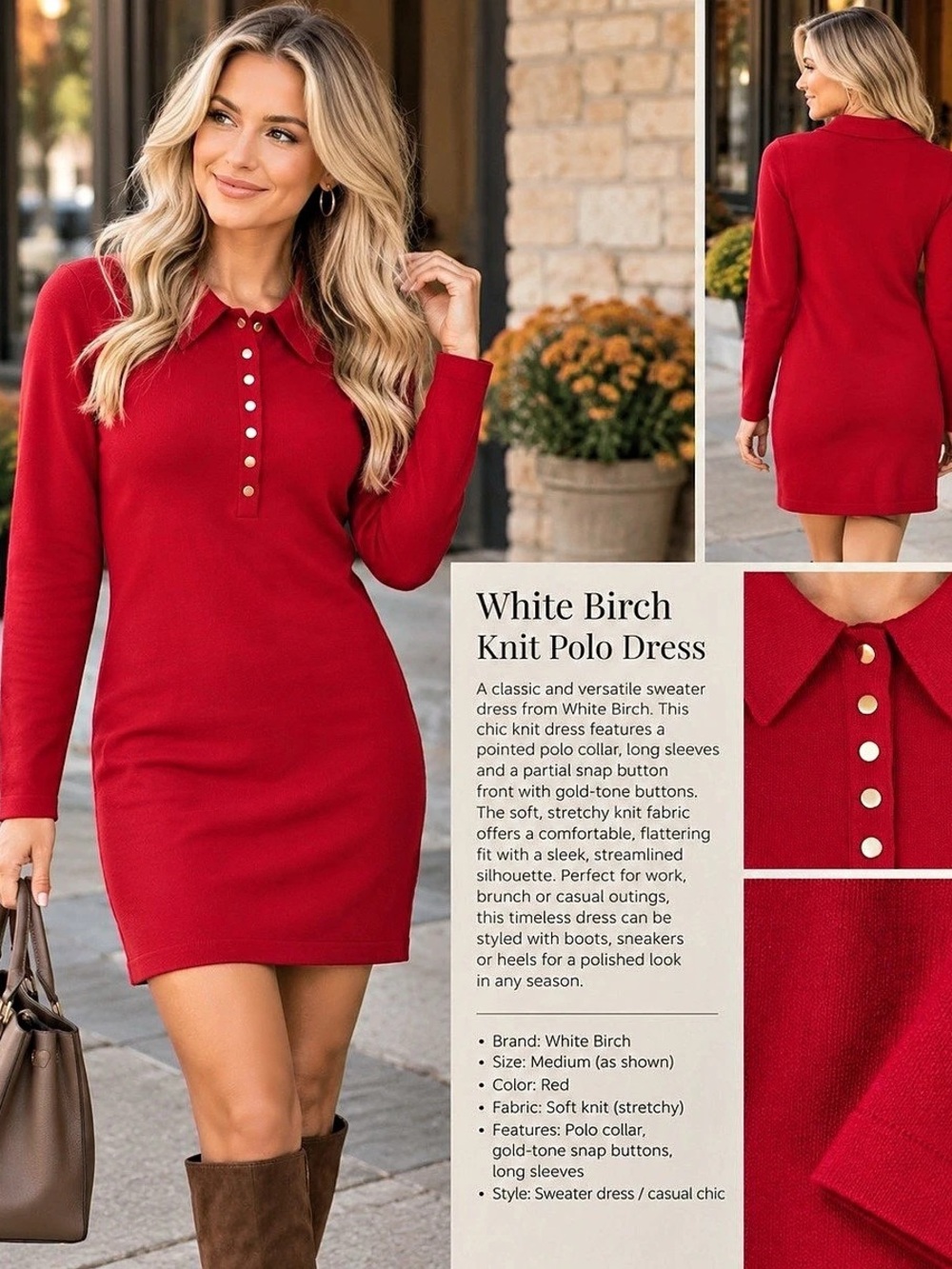 White Birch Polo Dress Red Long Sleeve Mini Dress Size Medium